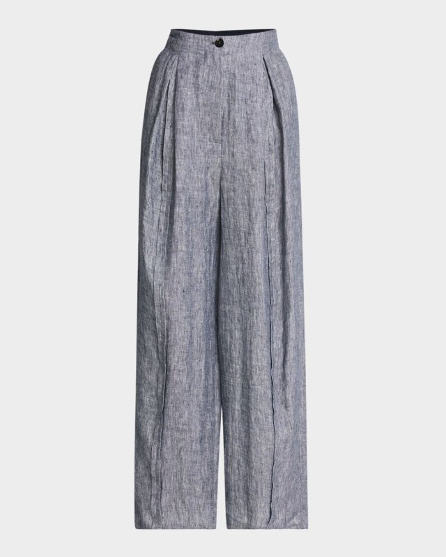 Pleated Wide-Leg Linen Chambray Trousers